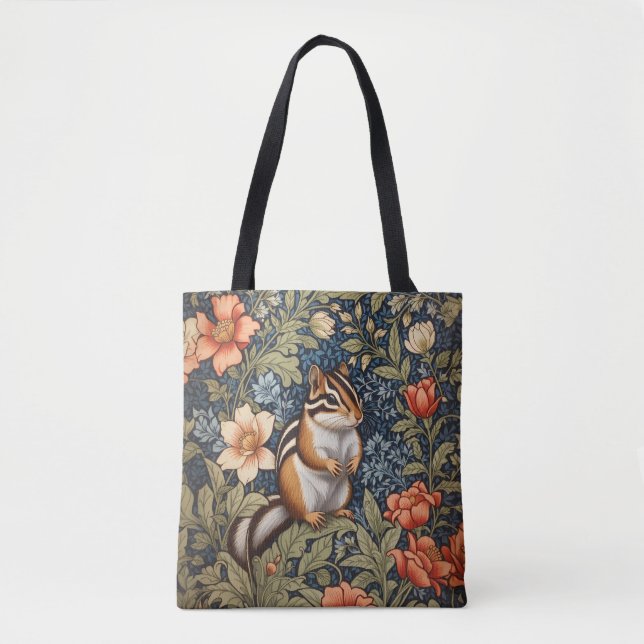 Cute Chipmunk William Morris Inspired Floral Tote Bag (Front)
