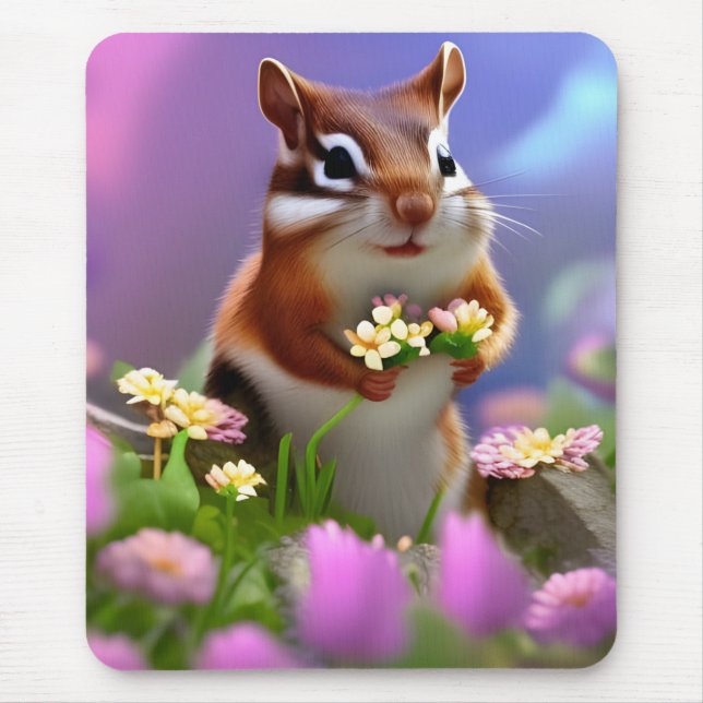 Cute Chipmunk with Flowers Mouse Mat (Front)