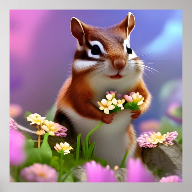Cute Chipmunk with Flowers Poster (Front)