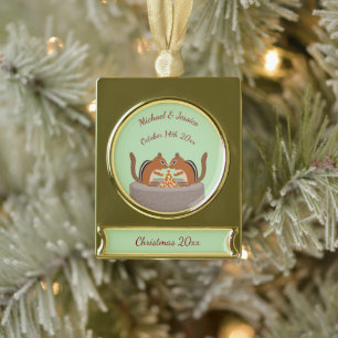 Cute Chipmunks Fall Wedding Custom Gold Plated Banner Ornament