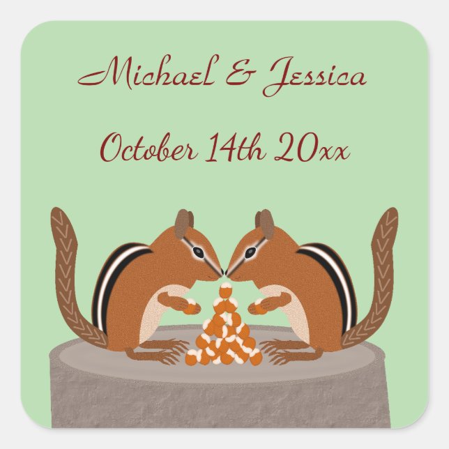 Cute Chipmunks Fall Wedding Custom Square Sticker (Front)
