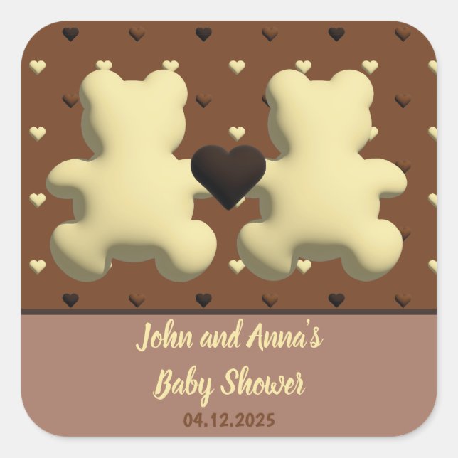 Cute chocolate bear Baby shower square stickers (Front)