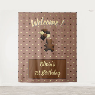 Cute chocolate bear birthday backdrop tapestry