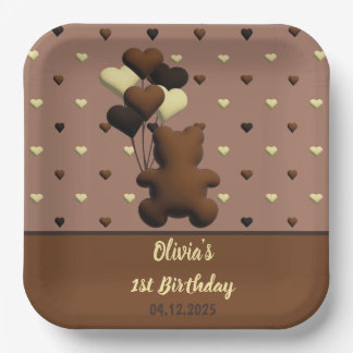Cute chocolate bear Birthday square paper plates