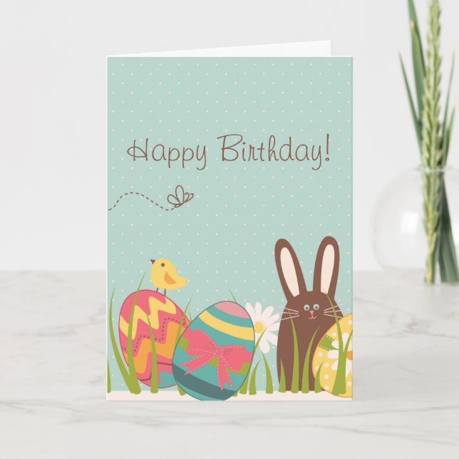Cute Chocolate Bunny and Easter Eggs Birthday Holiday Card (Front)