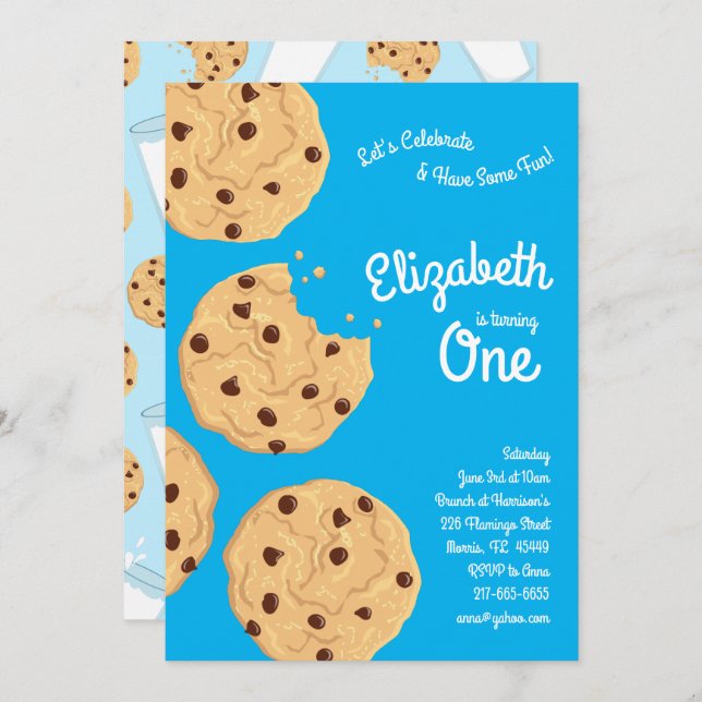 Cute Chocolate Chip Cookie Kids 1st Birthday Party Invitation (Front/Back)