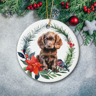 Cute Chocolate Cocker Spaniel Puppy Poinsettia Ceramic Tree Decoration