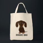 Cute Chocolate Dachshund Wiener Dog Doggie Tote Bag<br><div class="desc">An adorable smooth coated chocolate Dachshund puppy looking up. The text "shopping for treats" can be personalised with your own name or slogan. A cute wiener dog lover’s tote bag, great for shopping for groceries or pet supplies. This fun weenie dog cartoon reusable bag makes a perfect gift for anyone...</div>