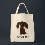 Cute Chocolate Dachshund Wiener Dog Doggie Tote Bag<br><div class="desc">An adorable smooth coated chocolate Dachshund puppy looking up. The text "shopping for treats" can be personalised with your own name or slogan. A cute wiener dog lover’s tote bag, great for shopping for groceries or pet supplies. This fun weenie dog cartoon reusable bag makes a perfect gift for anyone...</div>