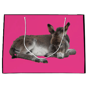 Cute chocolate donkey baby foal sleeping on pink large gift bag