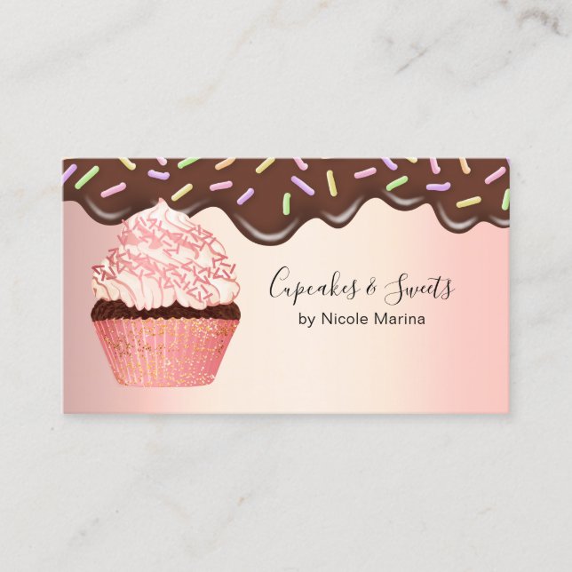 Cute Chocolate Drips Pink Cupcake Bakery Chef Business Card (Front)