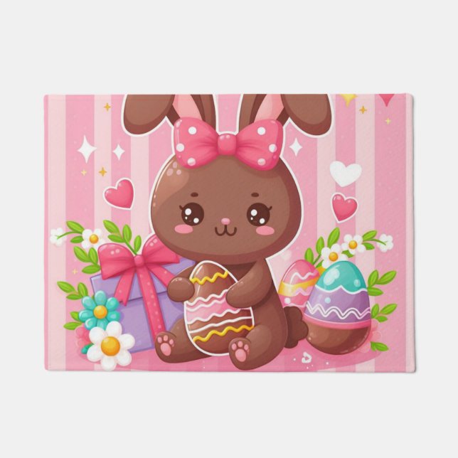 Cute chocolate Easter bunny with pink stripes Doormat (Front)