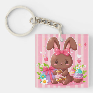 Cute chocolate Easter bunny with pink stripes Key Ring