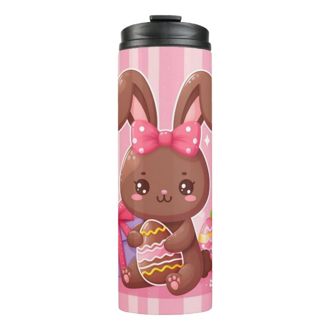Cute chocolate Easter bunny with pink stripes Thermal Tumbler (Front)