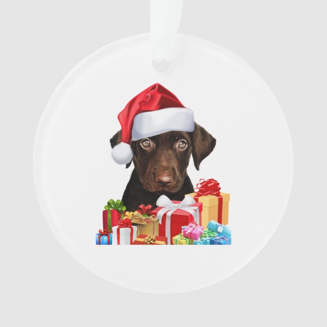 Cute Chocolate Lab Puppy Santa Hat Fun Image Chris Ornament (Front)