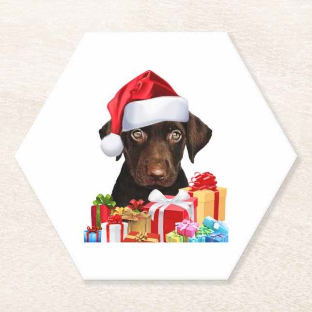 Cute Chocolate Lab Puppy Santa Hat Fun Image Chris Paper Coaster (Front)