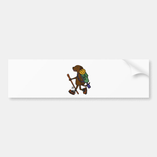 Cute Chocolate Labrador Dog Hiking Cartoon Bumper Sticker (Front)