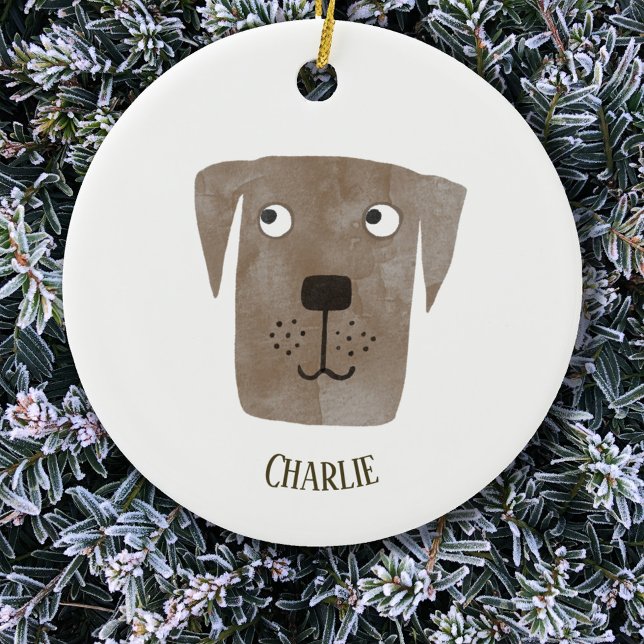 Cute Chocolate Labrador Retriever Dog Custom Name Ceramic Tree Decoration (Fun personalized name dog Christmas ornament)