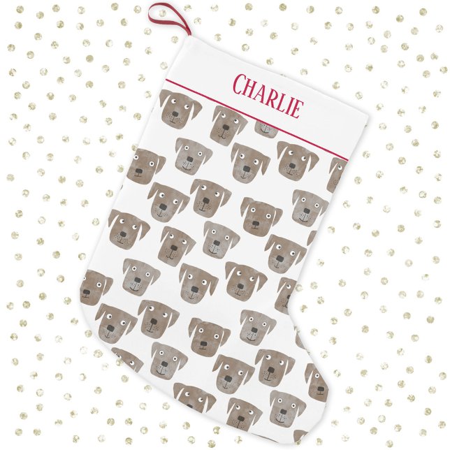 Cute Chocolate Labrador Retriever Dog Custom Name Small Christmas Stocking (Fun chocolagte brown labrador retriever dog pattern personalized name Christmas stocking)