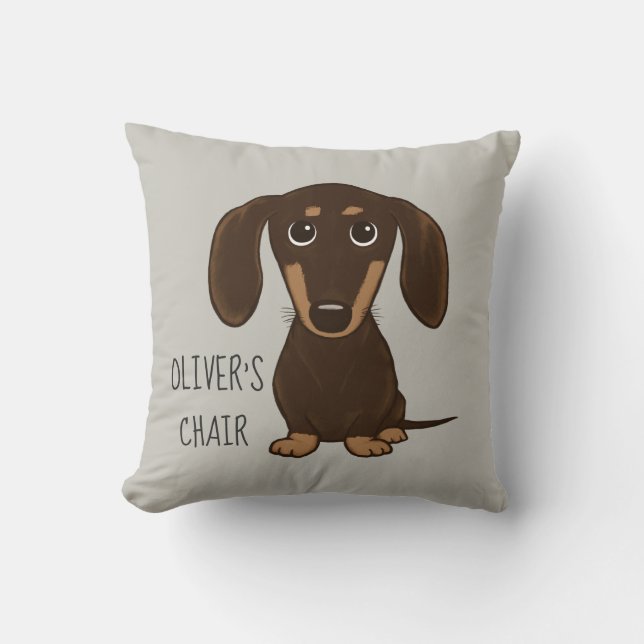 Cute Chocolate Longhaired Dachshund Personalised Cushion (Front)