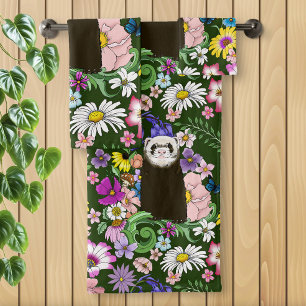 Cute Chocolate Sable Ferret Floral Green Bath Towel Set