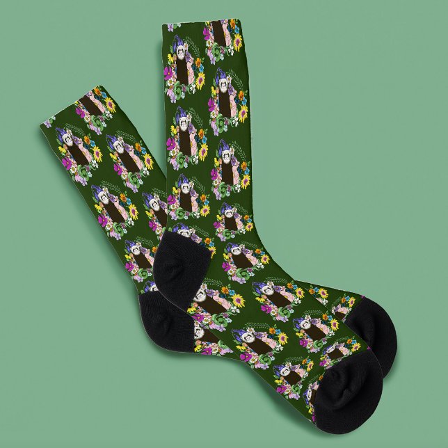 Cute Chocolate Sable Ferret Floral Green Socks (Creator Uploaded)