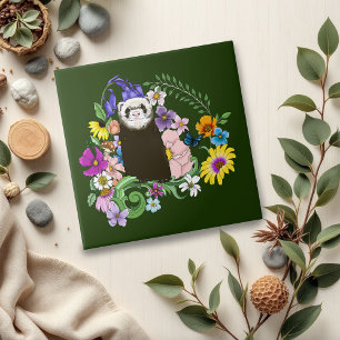 Cute Chocolate Sable Ferret Floral Green Tile