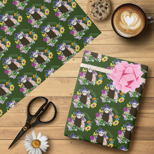 Cute Chocolate Sable Ferret Floral Green Wrapping Paper