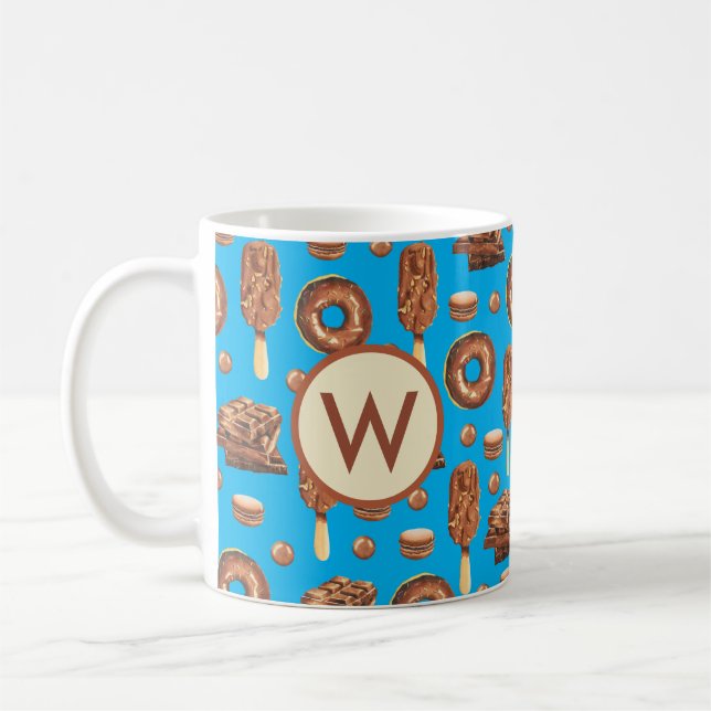 Cute Chocolate Sweets Ice Cream Doughnuts Monogram Coffee Mug (Left)