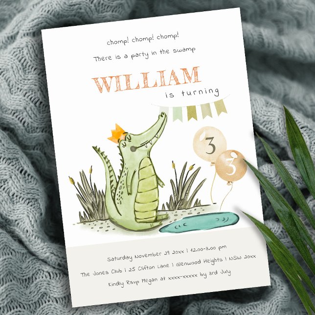 Cute Chomp Alligator Swamp Kids Any Age Birthday Invitation (Creator Uploaded)