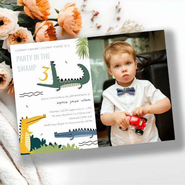 Cute Chomp Alligator Swamp Kids Photo Birthday Invitation (Creator Uploaded)