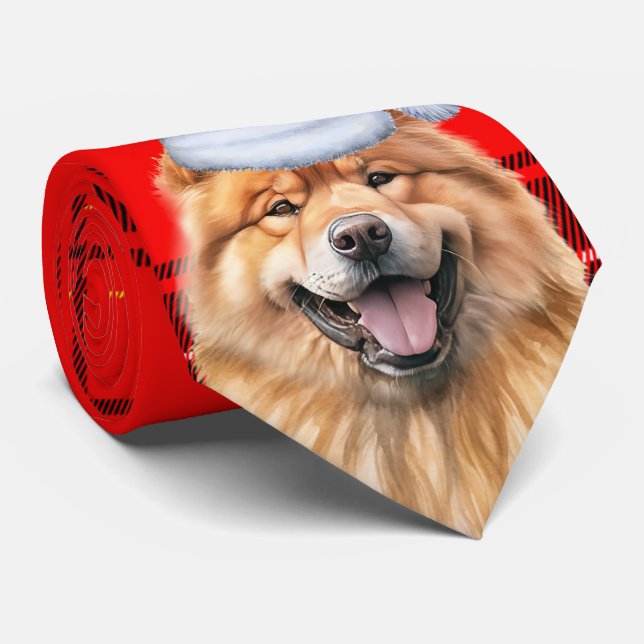 Cute Chow Chow Dog Red Plaid Christmas Holiday Tie (Rolled)