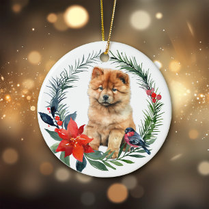 Cute Chow Chow Puppy Watercolor Poinsettia Ceramic Tree Decoration