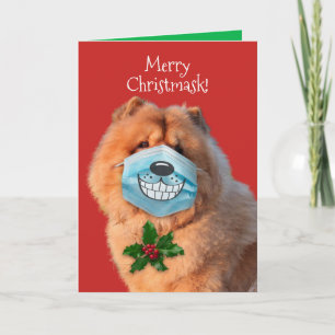 Cute Chow With Smiling Face Mask- Merry Christmask Holiday Card