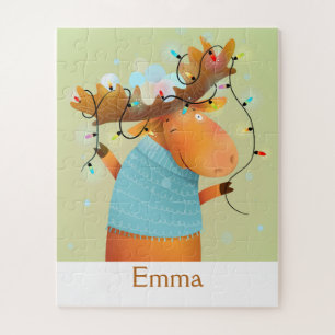 Cute Chrismas Lights Moose Animal Nature Art Jigsaw Puzzle