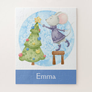 Cute Chrismas Mouse Decorating Custom Name Kids  Jigsaw Puzzle