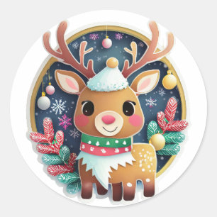 Cute Chrismas Reindeer Tree Branch Classic Round Sticker