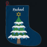 Cute Chrismukkah Hanukkah Dreidel Tree Large Christmas Stocking<br><div class="desc">This cute Chrismukkah stocking features a green Christmas tree decorated with blue dreidel ornaments and a gold Jewish Star of David at the top for Hanukkah to combine the 2 holidays for a family that celebrates both. Personalise with your name in white.</div>