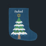 Cute Chrismukkah Hanukkah Dreidel Tree Large Christmas Stocking<br><div class="desc">This cute Chrismukkah stocking features a green Christmas tree decorated with blue dreidel ornaments and a gold Jewish Star of David at the top for Hanukkah to combine the 2 holidays for a family that celebrates both. Personalise with your name in white.</div>