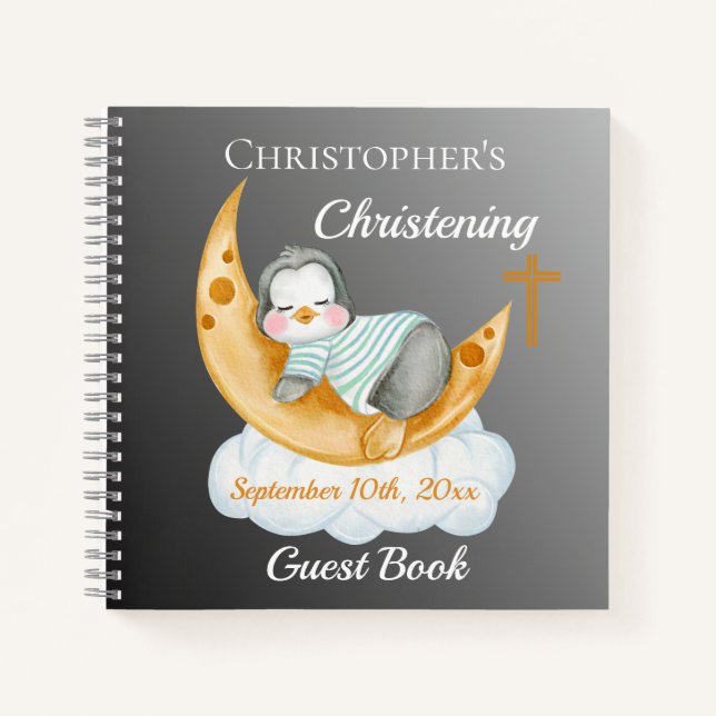 Cute Christening Baby Penguin And Moon Notebook (Front)