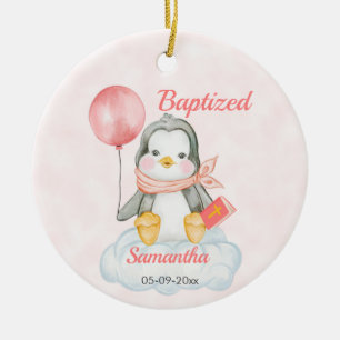 Cute Christening Baby Penguin Pink Ceramic Tree Decoration