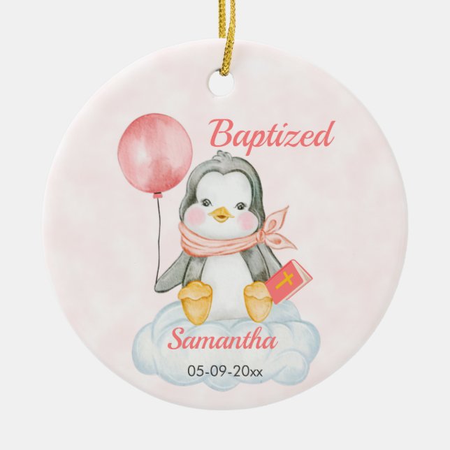 Cute Christening Baby Penguin Pink Ceramic Tree Decoration (Front)