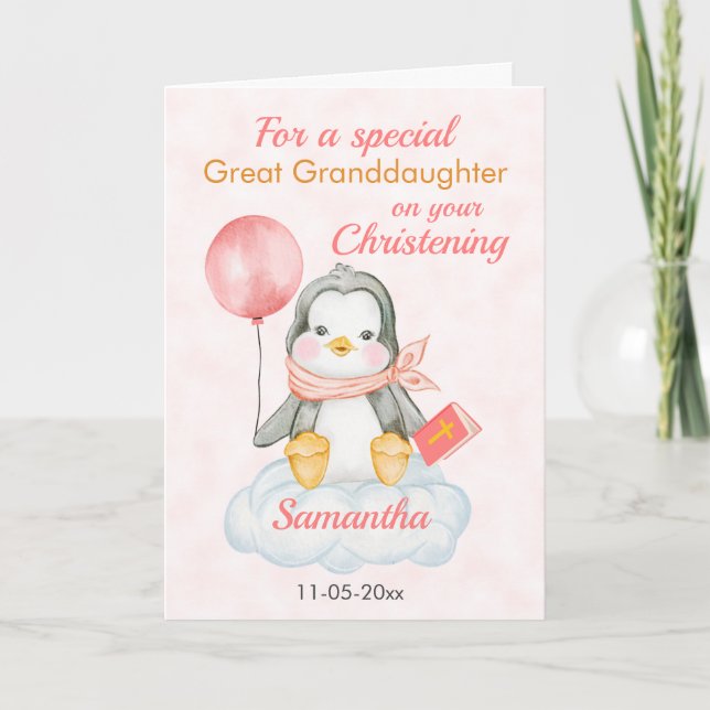 Cute Christening Great Granddaughter Penguin Card (Front)