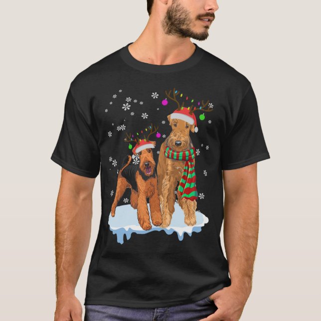 Cute Christmas Airedale Terrier Santa Hats Reindee T-Shirt (Front)
