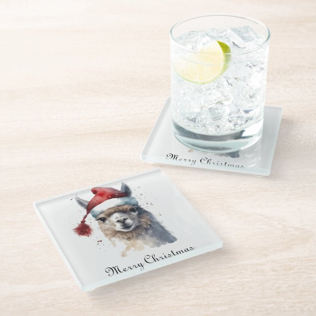 Cute Christmas Alpaca, custom Glass Coaster (Angled)