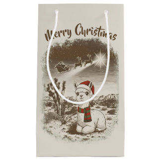 Cute Christmas Alpaca + Santa + Reindeer Sleigh - Small Gift Bag