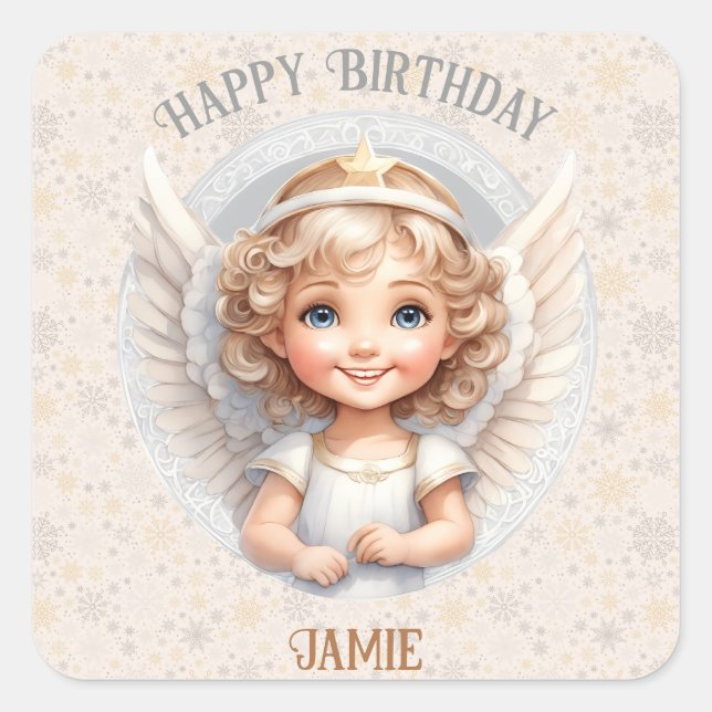Cute Christmas Angel 1st Birthday Square Sticker (Front)