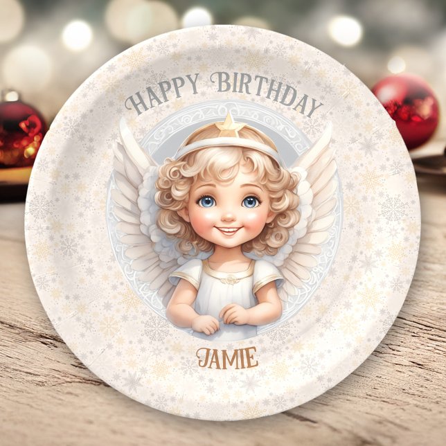 Cute Christmas Angel Birthday Name Paper Plates (Cute Christmas Angel Birthday Paper Plates)
