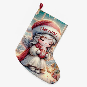 Cute Christmas Angel Drinking Hot Chocolate Large Christmas Stocking