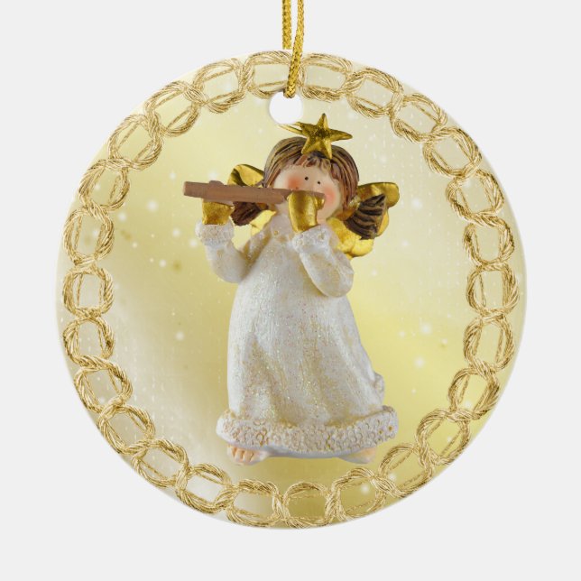 Cute Christmas Angel Playing Flute Ornament (Front)